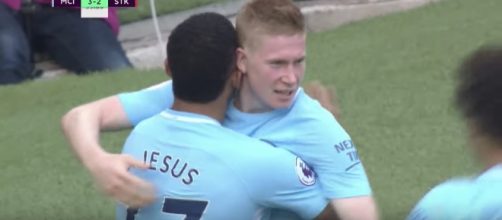 De Bruyne celebrates with Jesus after a mesmerizing performance vs. Stoke -- NBC Sports/YouTube.