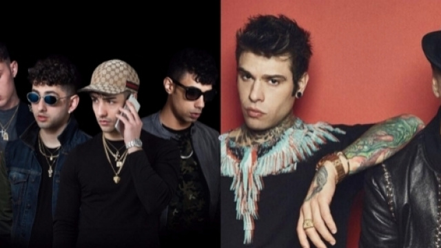 A sinistra la Dark Polo Gang, a destra Fedez e J Ax.
