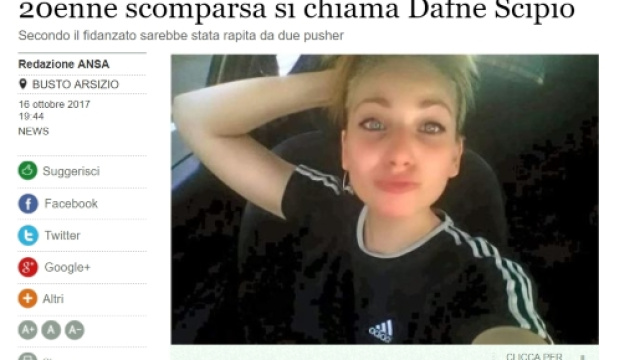 Dafne Scipio, la ventenne scomparsa nel Bosco della droga, foto Ansa