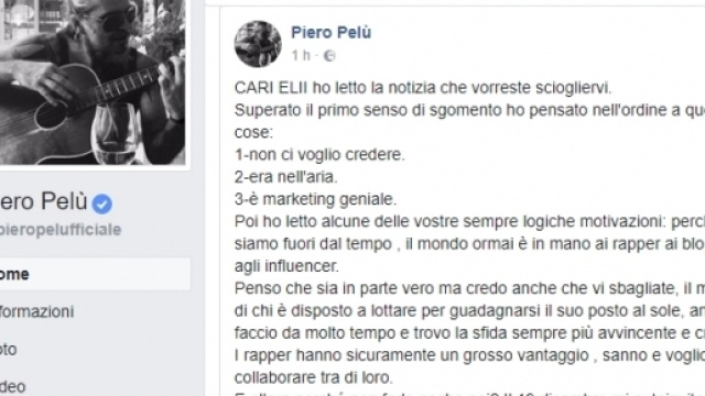 Piero Pel&ugrave; risponde su Facebook allo scioglimento degli Elii