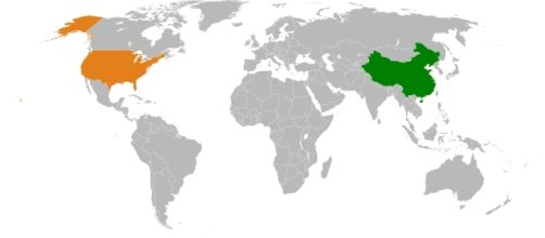 Map showing locations of China and USA by Canuckguy et al., amended by en:User:Bazonka/Wikimedia Commons