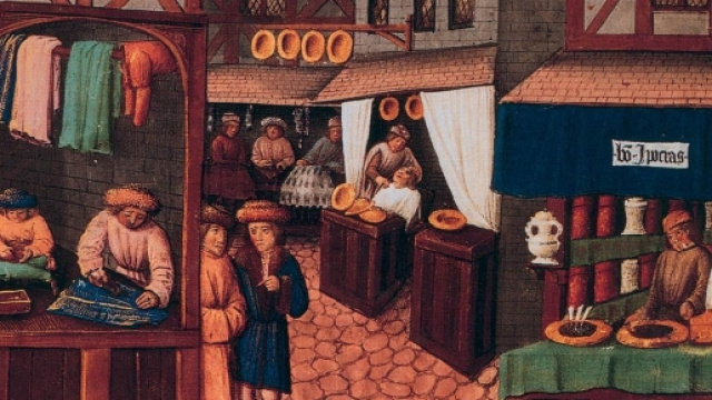 Scene di strada in un villaggio medievale