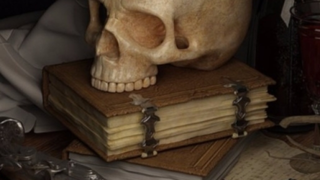 Foto di un teschio posto su dei libri.