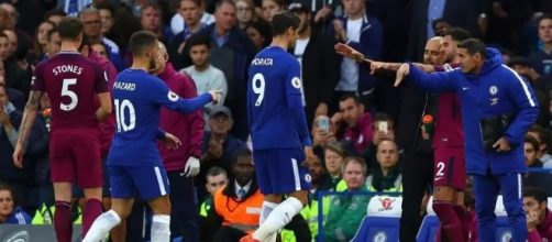 Alvaro Morata (Number Nine) goes for instructions during a game at Chelsea. PHOTO/Flickr CREDIT: Mbah Patrick.