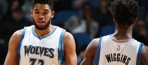 Karl-Anthony Towns and Andrew Wiggins helped lead Minnesota to a preseason win over the Warriors in China. [Image by NBA/YouTube]