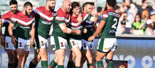 Lebanese players celebrate Mitchell Moses' try thar secured victory against the French. Image Source: The Sportsman