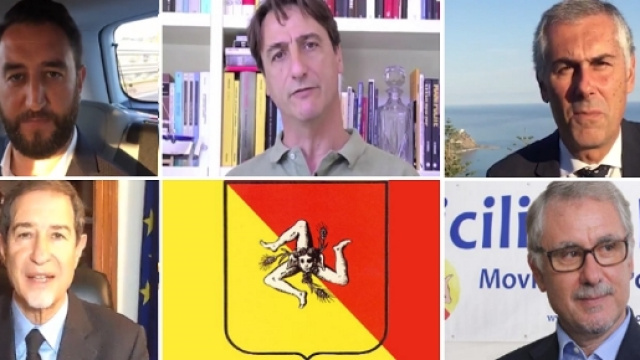 In alto, da sinistra: Giancarlo Cancelleri, Claudio Fava, Fabrizio Micari; in basso, Nello Musumeci e Roberto La Rosa