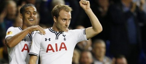 Tottenham Hotspurs midfielder Christian Eriksen celebrates his goal with a teammate in a past match. (Image Credit: Ambrose Carrow/Flickr)