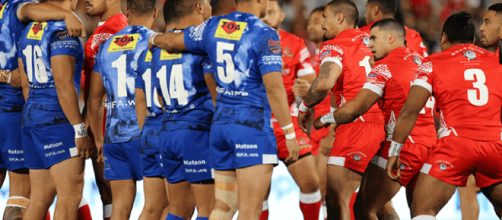 Samoa (Siva Tau) and Tonga (Sipi Tau) face each other in an incredible pre-game war 'dance-off'. Image Source: www.rlwc2017.com
