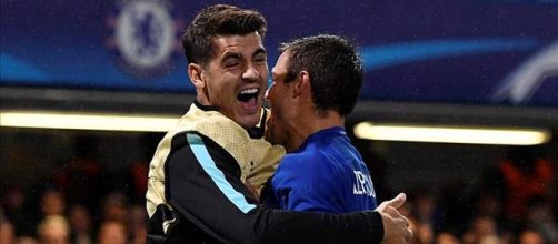 Chelsea forwarder, Alvaro Morata (Left) celebrates with teammate Cesar Azpilicueta in a past match. (Image Credit: dinh bong/Flickr)