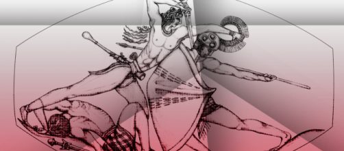 Dibujo de la escena plasmada en un sello encontrado en la tumba de un soldado mic&eacute;nico