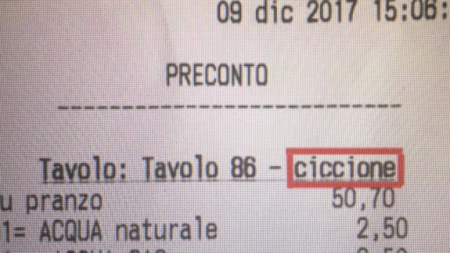 il Pre-scontrino incriminato: Tavolo 86- ciccione