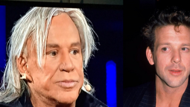 A sinistra Rourke ospite da Bonolis, a destra in una foto di trent'anni fa