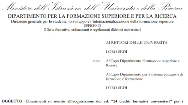 Nota Miur acquisizione 24 cfu anche con dottorato