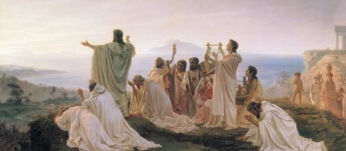 Grupo de pitag&oacute;ricos celebrando la salida del sol. Himno al sol naciente, Fyodor Bronnikov (1827-1902; &oacute;leo)