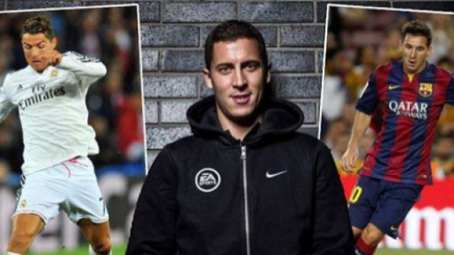 Eden Hazard entre Messi et Ronaldo, image de Senego.com