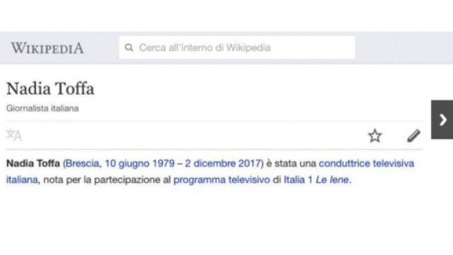 Wikipedia dice che Nadia Toffa &egrave; morta, poi si corregge