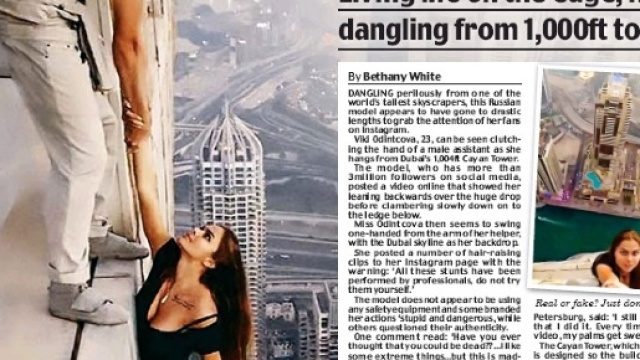 Viki Odintkova appesa alla Cayan Towe di Dubai, foto Pressreader