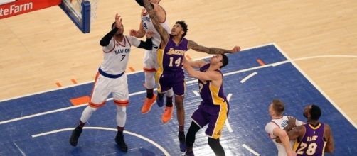 Tarik Black, Brandon Ingram and Larry Nance Jr. of the Los Angeles Lakers. Photo credit: Spectrum SportsNet (SpectrumSN) Twitter