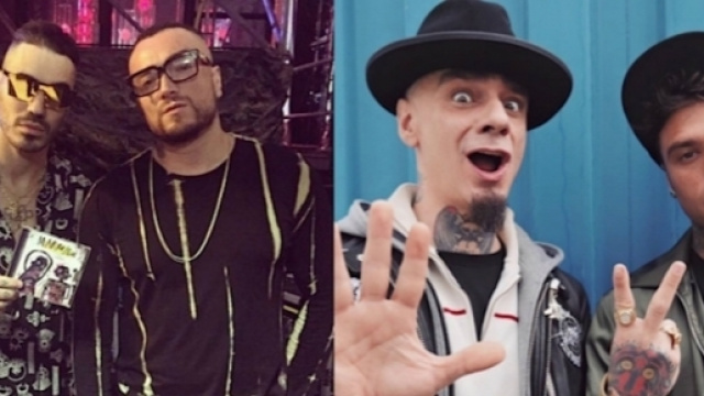Marracash e Gu&egrave; Pequeno a sinistra, J Ax e Fedez a destra.