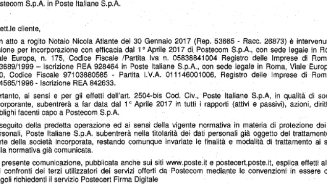 La raccomandata che comunica la incorporazione