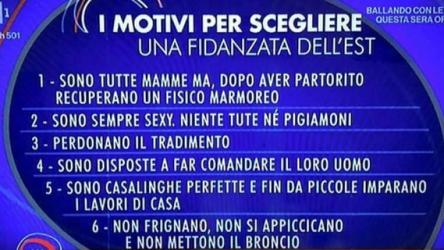Su Rai 1 elencano 'I motivi per scegliere una donna dell'est': &egrave; polemica sul web e sui social