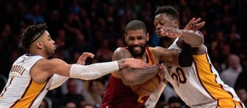 D'Angelo Russell, Kyrie Irving and Julius Randle, Photo credit: Spectrum SportsNet (SpectrumSN) Twitter