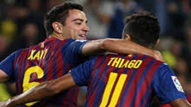 Xavi et Thiago Alcantara au Bar&ccedil;a