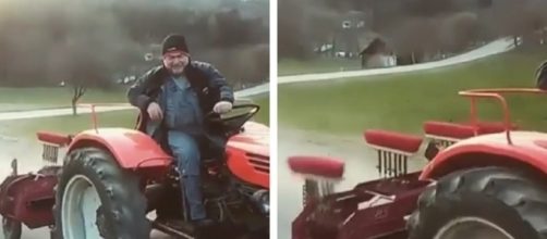 El hombre en su tractor con el nuevo invento