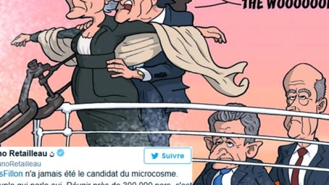 Caricature de "Monsieur Kak" pour L'Opinion. Fran&ccedil;ois Fillon dit s'appuyer sur le peuple (grossi au moins six fois par Bruno Retailleau)
