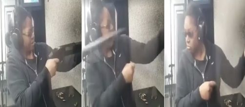 Arma escapa da m&atilde;o de mulher quando ela atira.