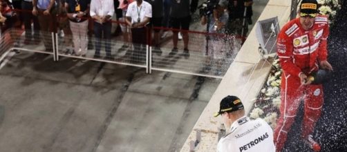 Sebastian Vettel sprays the rose water after winning in Bahrain for Ferrari. (Source: BBC Sport)