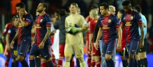 Jugadores del Bar&ccedil;a en el partido ante el Bayern