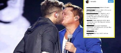 Leonardo beija o filho Z&eacute; Felipe na boca em show e internautas o chamam de gay