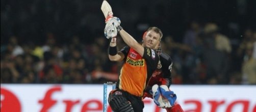 David Warner hits one out of the ground in the opening match of the 2017 Indian Premier League at Hyderabad on Wednesday.