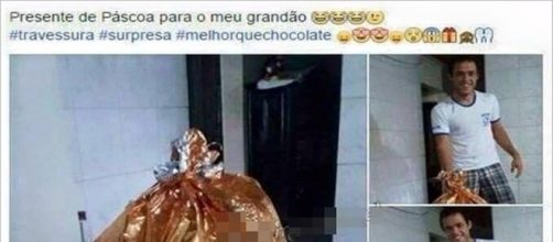 Mulher faz mega surpresa para namorado na p&aacute;scoa.