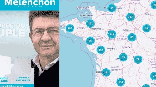 L'une des affiches officielles pour les l&eacute;gislatives et la carte des groupes France insoumise