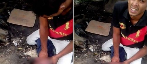 Homem &eacute; filmado estrangulando a v&iacute;tima ao lado de rio em Itapevi, na Grande S&atilde;o Paulo (Foto: Reprodu&ccedil;&atilde;o/Redes sociais)