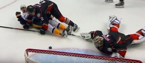 Aberg (white) scored his first career playoff goal, SPORTSNET Youtube channel https://www.youtube.com/watch?v=HXoEkcrOdI4