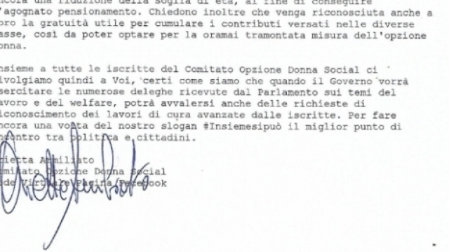Pensioni anticipate e opzione donna: il testo completo della lettera aperta