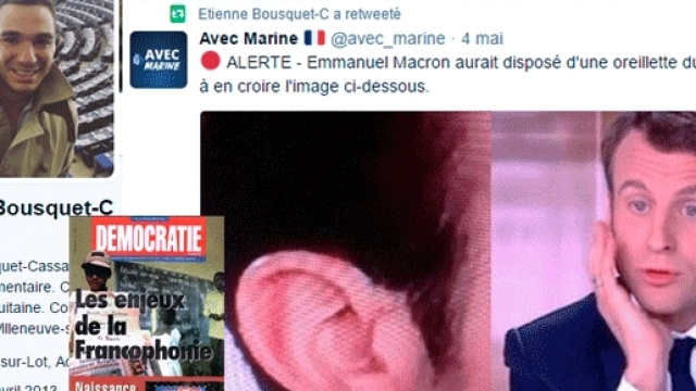 Photomontage : La revue D&eacute;mocratie (Bayrougate) et la page Twitter de l'&eacute;lu FN r&eacute;percutant que Macron "aurait" dispos&eacute; d'une oreillette...