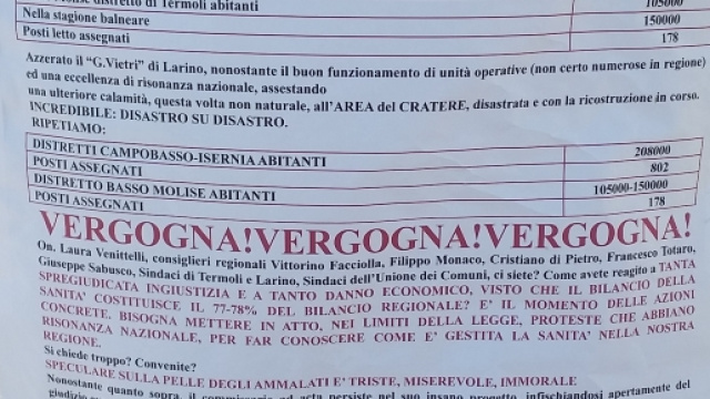 Cartello di protesta affisso all'ingresso dell'Ospedale Vietri.
