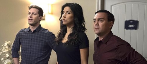 Jake Peralta and Rosa Diaz find themselves framed for a crime they did not commit. Image source Youtube screen grab