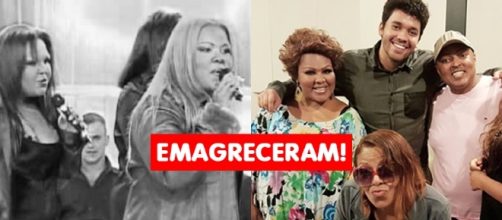 A fam&iacute;lia acima do peso (&agrave; esq.) no programa Hebe e depois do emagrecimento (&agrave; dir.) com o apresentador Rufis Jr.