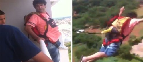 Homem salta de paraquedas da sacada do apartamento