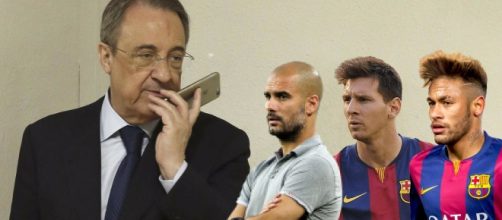 Florentino P&eacute;rez con Messi, Neymar y Guardiola