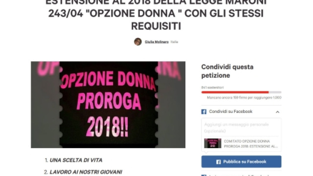 Petizione per l'estensione al 2018 di Opzione Donna