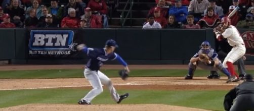 Nebraska baseball's scott schreiber hitting [Image via Big Ten Network/YouTube screencap]