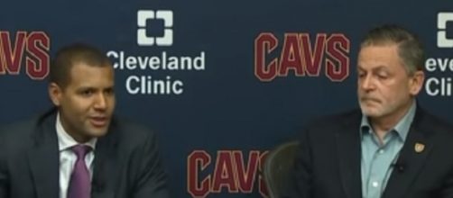 Team owner Dan Gilbert (right) introduced Koby Altman as the team&rsquo;s new GM -- Ball Don't Lie via YouTube