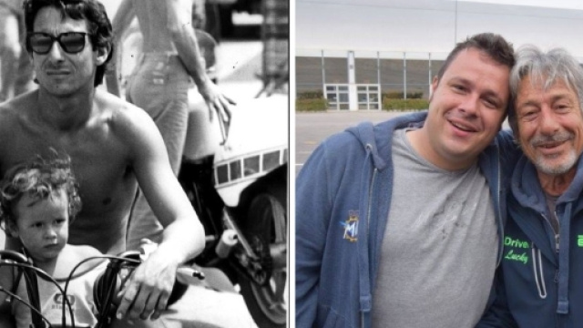 Nella prima foto da sinistra, Marco Lucchinelli con il piccolo Cristiano, a destra i due in una foto recente